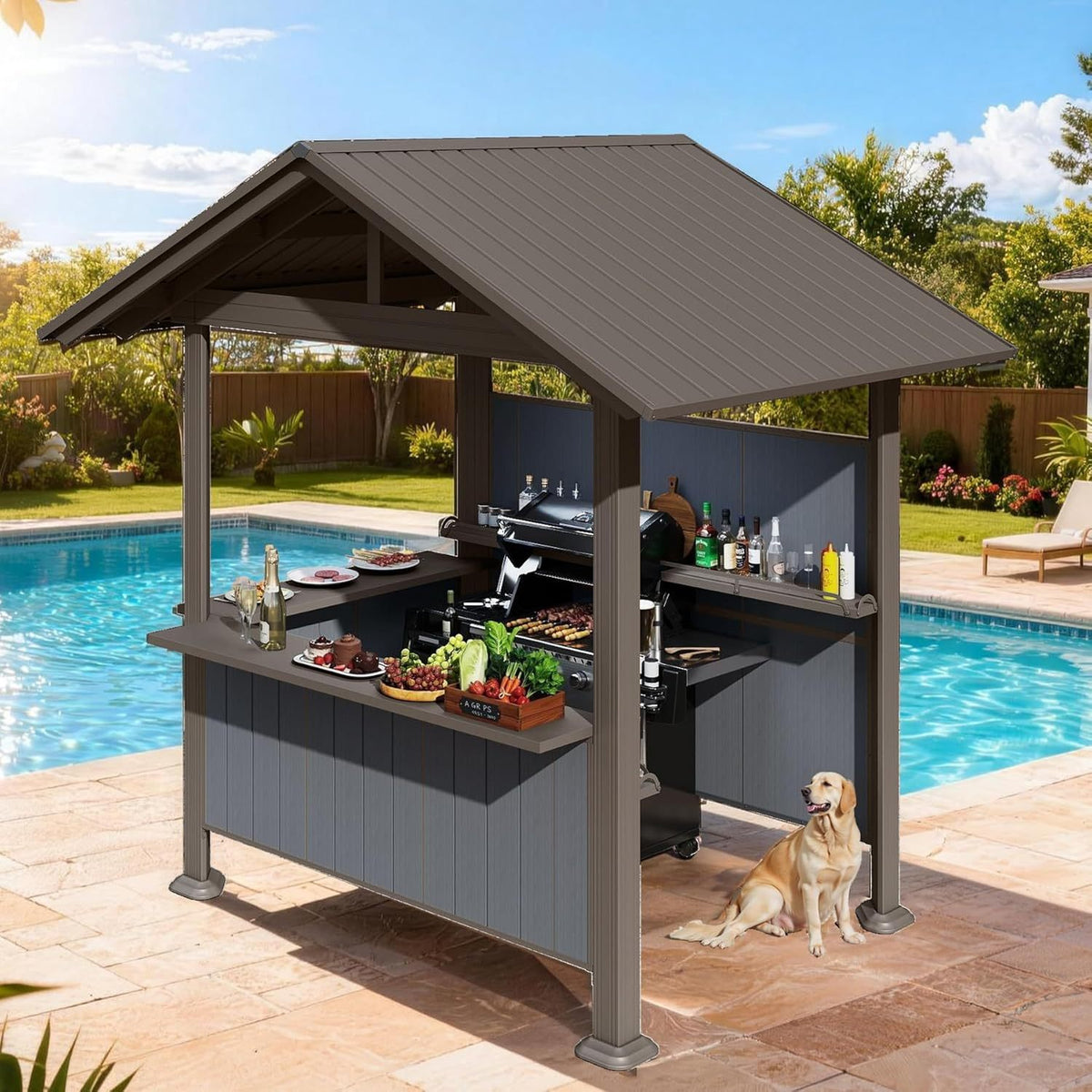 Hardtop Grill Gazebo with Storage Shelves & Resin Shade System - Brown