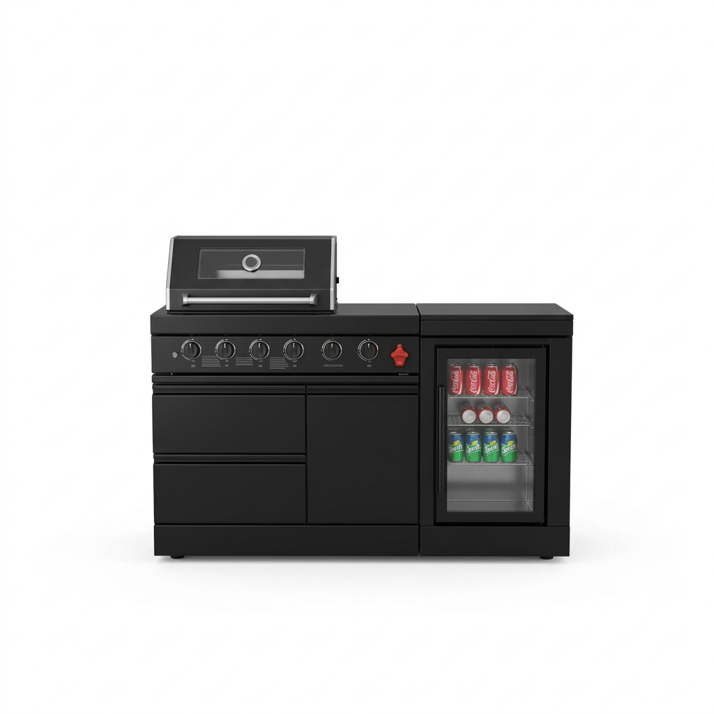 65-Inch 4-Burner Stainless Steel Outdoor Kitchen Grill with Refrigerator - Black
