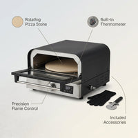 12 In. Propane Pizza Oven, Outdoor Pizza Oven in Black with Rotating Pizza Stone, Glove and Pizza Cutter — infographic