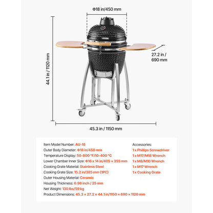 18" Kamado Charcoal Smoker and Grill with Ceramic Construction - Charcoal