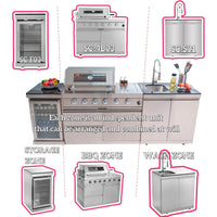 Modular Outdoor Kitchen Island Built for Complete Outdoor Cooking, Built-In Grill, Granite Countertops, Refrigerator