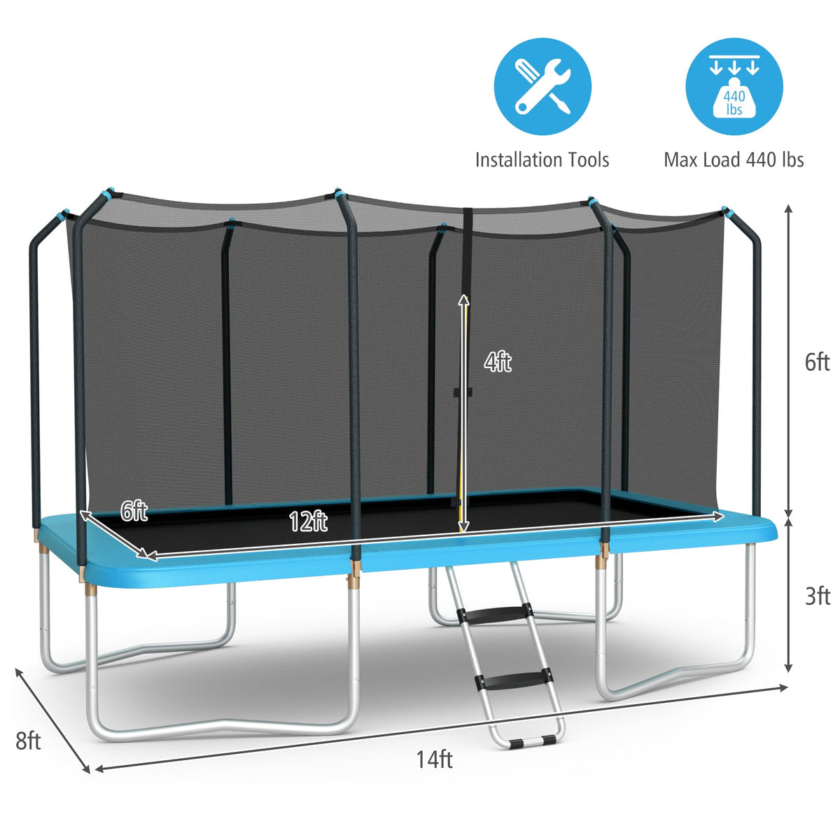 8 x 14 Feet Rectangular Recreational Trampoline with Safety Enclosure Net and Ladder