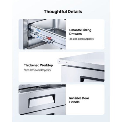 Chef Base Refrigerator, 72" W Commercial Chef Bases Worktop Refrigerators, 4-Drawer Under Counter Fridge with 12 Pans Stainless Steel, Heavy-Duty Refrigerated Base, Invisible Door Handle