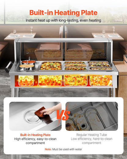 Commercial Food Warmer, 7 Pans + 2 Pots Electric Steam Table, 1800W Professional Buffet Catering Food Warmer with Shield Undershelf Wheels, Stainless Steel Server for Party Restaurant Hotel