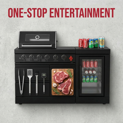 65-Inch 4-Burner Stainless Steel Outdoor Kitchen Grill with Refrigerator - Black