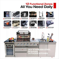 Modular Outdoor Kitchen Island Built for Complete Outdoor Cooking, Built-In Grill, Granite Countertops, Refrigerator