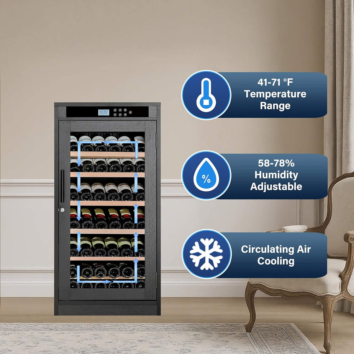 69-Bottle 7.6 Cu.Ft Freestanding Smart Wooden Wine Cooler With LED Touch Display (SAK24861)
