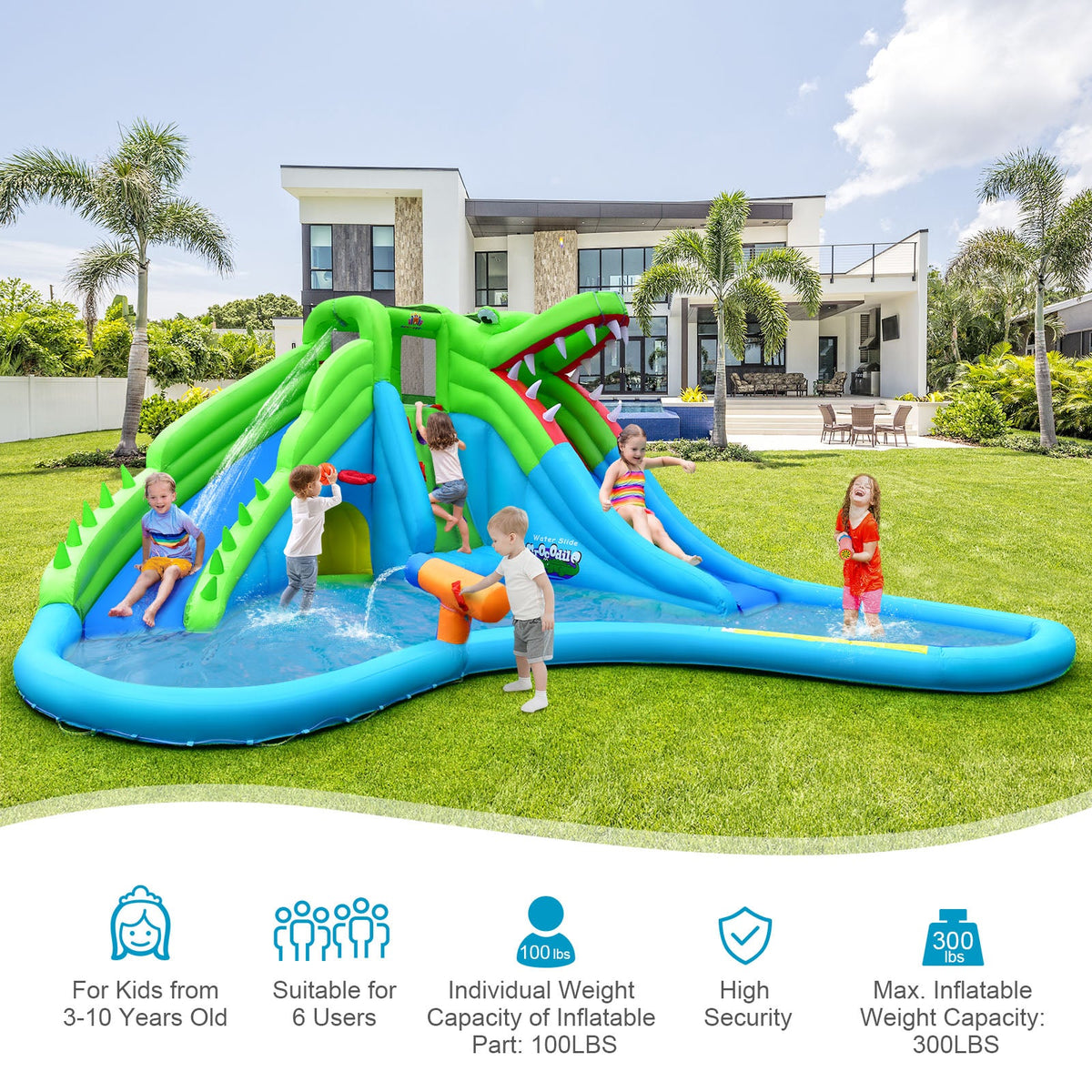 Inflatable Crocodile Style Water Slide Upgraded Kids Bounce Castle with 680W Blower