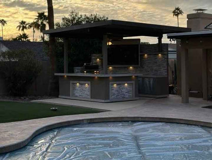 KoKoMo Bermuda Kitchen BBQ Island with Built-In TV, Fire Pit & Bar for Ultimate Outdoor Entertaining