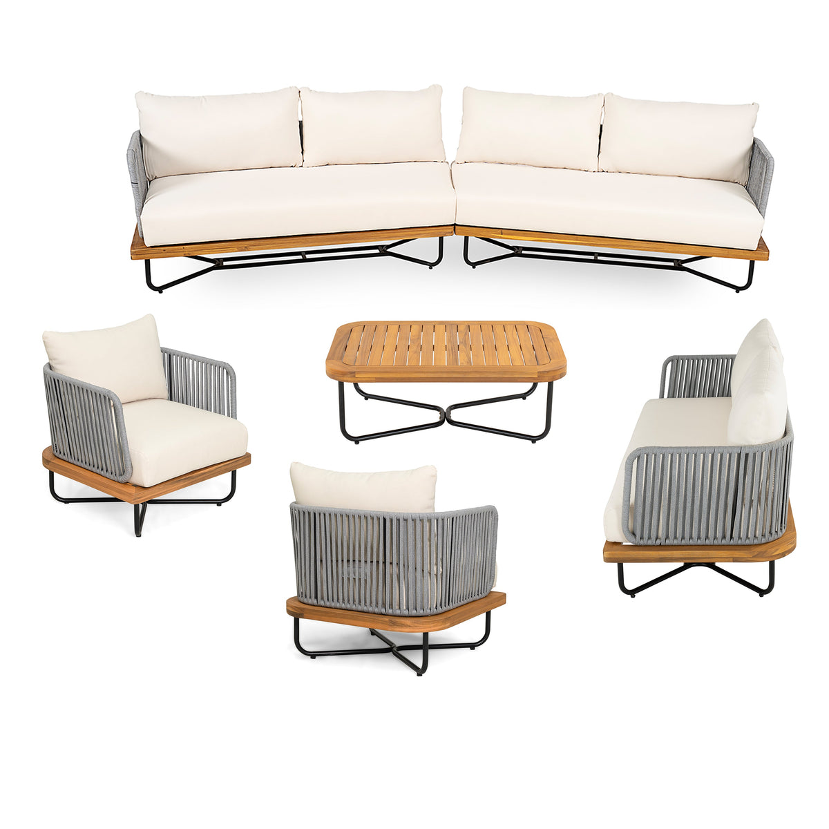 Lucca Outdoor 8 Seaters Acacia Wood and Rope Woven Patio Conversation Set