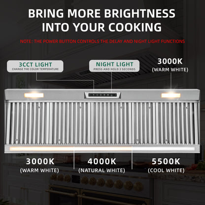 Nauxus 60" Built-In Range Hood Insert – 1200 CFM Stainless Steel Hood with Touch & Gesture Control, 3CCT LED & LED Night Lights