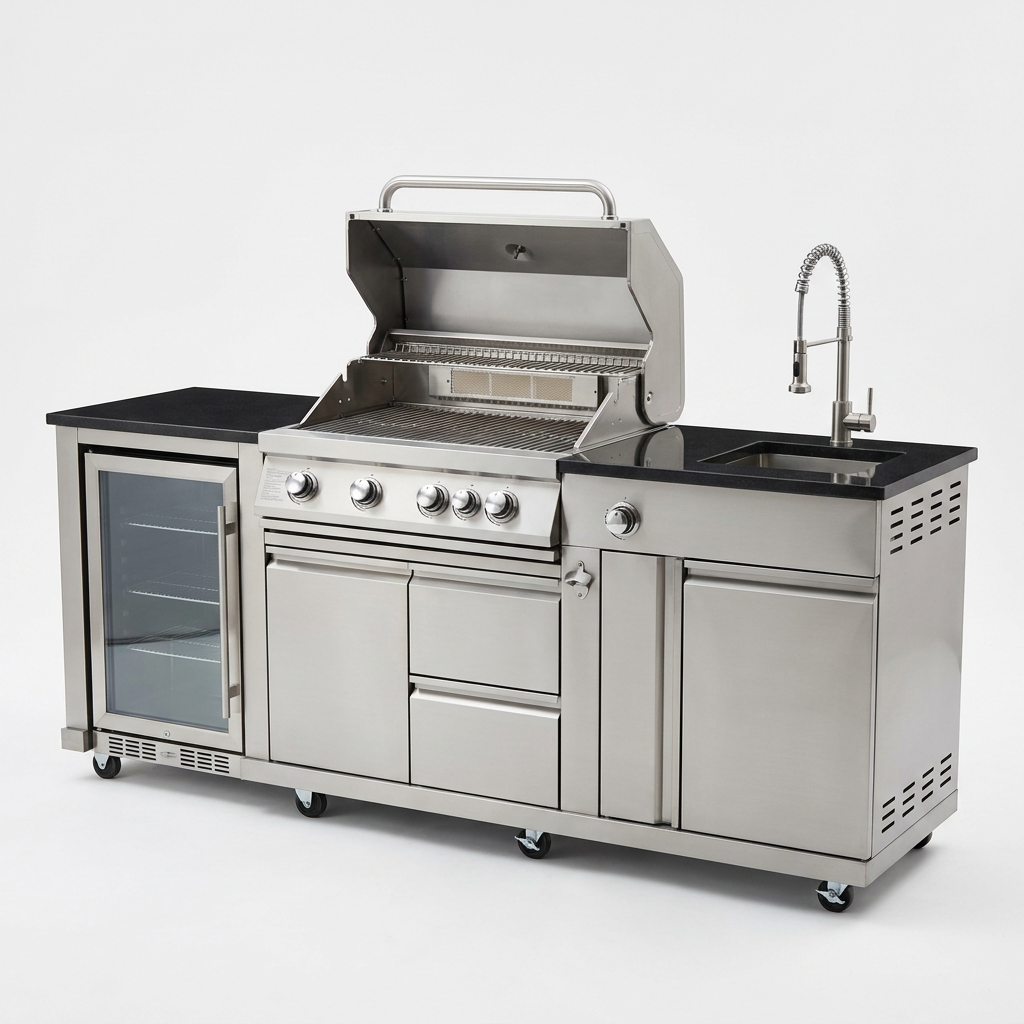 BBQ Island Outdoor Kitchen Kits, 4-Burner 72000 BTU Stainless Steel Modular 98 Inch Natural Gas Outdoor Kitchen Bar Barbecue Island Grill with Refrigerator and Sink for Patio Backyard — Studio Shot