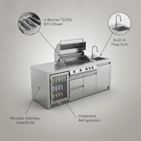 BBQ Island Outdoor Kitchen Kits, 4-Burner 72000 BTU Stainless Steel Modular 98 Inch Natural Gas Outdoor Kitchen Bar Barbecue Island Grill with Refrigerator and Sink for Patio Backyard — infographic