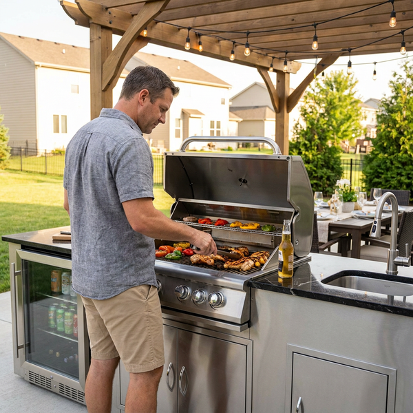 Outdoor Kitchen Island Built for Complete Backyard Cooking, 4-Burner 72K BTU Grill, Refrigerator, Sink