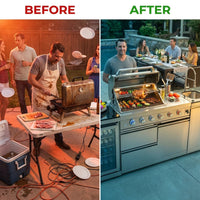 Modular Outdoor Kitchen BBQ Island, 104" Outdoor Kitchen Propane Gas Island Grill with Sink, Compact Refrigerator, Storage Cabinets, Rotisserie Kit (Silver, 104") — Before & After