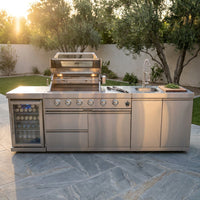 Modular Outdoor Kitchen BBQ Island, 104" Outdoor Kitchen Propane Gas Island Grill with Sink, Compact Refrigerator, Storage Cabinets, Rotisserie Kit (Silver, 104") — Studio Shot