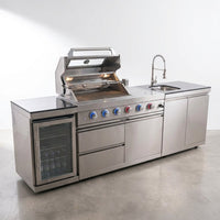 Modular Outdoor Kitchen BBQ Island, 104" Outdoor Kitchen Propane Gas Island Grill with Sink, Compact Refrigerator, Storage Cabinets, Rotisserie Kit (Silver, 104") — Studio Shot