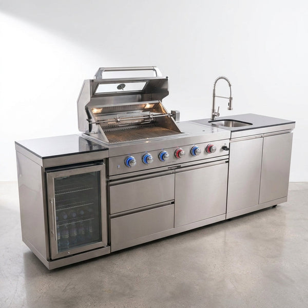 Modular Outdoor Kitchen BBQ Island, 104" Outdoor Kitchen Propane Gas Island Grill with Sink, Compact Refrigerator, Storage Cabinets, Rotisserie Kit (Silver, 104") — Studio Shot