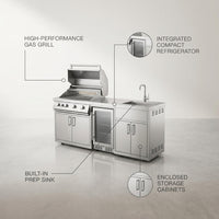 Modular Outdoor Kitchen BBQ Island, 104" Outdoor Kitchen Propane Gas Island Grill with Sink, Compact Refrigerator, Storage Cabinets, Rotisserie Kit (Silver, 104") — infographic
