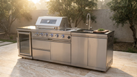 Modular Outdoor Kitchen BBQ Island, 104" Outdoor Kitchen Propane Gas Island Grill with Sink, Compact Refrigerator, Storage Cabinets, Rotisserie Kit (Silver, 104") — Lifestyle