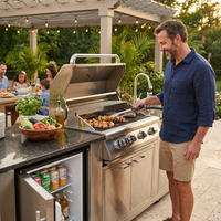 Modular Outdoor Kitchen BBQ Island, 104" Outdoor Kitchen Propane Gas Island Grill with Sink, Compact Refrigerator, Storage Cabinets, Rotisserie Kit (Silver, 104") — Lifestyle
