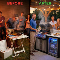 Outdoor Kitchen Island Built for Premium Entertaining, 70" Black Steel, 4-Burner Grill, Built-In Fridge — Before & After