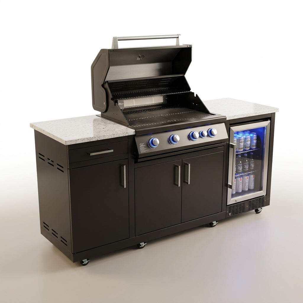 Outdoor Kitchen Island Built for Premium Entertaining, 70" Black Steel, 4-Burner Grill, Built-In Fridge — Studio Shot