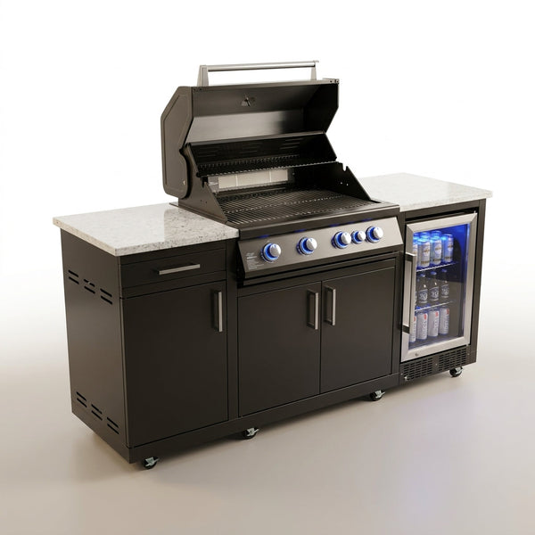 Outdoor Kitchen Island Built for Premium Entertaining, 70" Black Steel, 4-Burner Grill, Built-In Fridge — Studio Shot