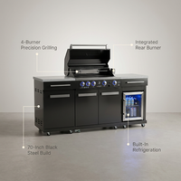 Outdoor Kitchen Island Built for Premium Entertaining, 70" Black Steel, 4-Burner Grill, Built-In Fridge — infographic