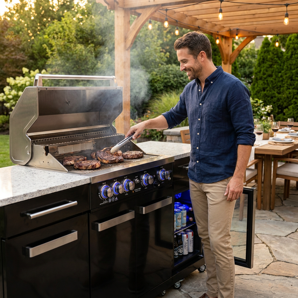 Outdoor Kitchen Island Built for Premium Entertaining, 70" Black Steel, 4-Burner Grill, Built-In Fridge