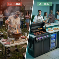 Premium 70" Black Stainless Steel Outdoor Kitchen Island with Refrigerator + 32"W 4-Burner BBQ Grill with Rear Burner — Before & After
