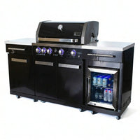 Premium 70" Black Stainless Steel Outdoor Kitchen Island with Refrigerator + 32"W 4-Burner BBQ Grill with Rear Burner — Studio Shot