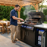 Premium 70" Black Stainless Steel Outdoor Kitchen Island with Refrigerator + 32"W 4-Burner BBQ Grill with Rear Burner — Lifestyle