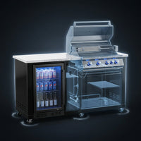 Premium 70" Black Stainless Steel Outdoor Kitchen Island with Refrigerator + 32"W 4-Burner BBQ Grill with Rear Burner — How It Works