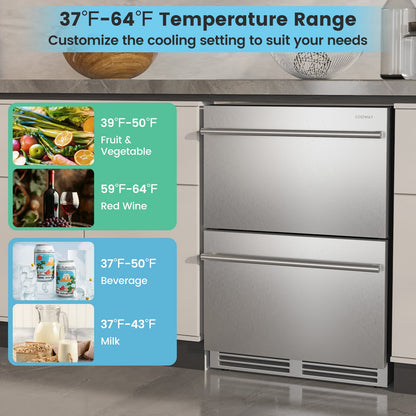 24 Inch Under Counter Dual Drawer Fridge with 37‚Ñâ-64‚Ñâ Temperature Range-Silver