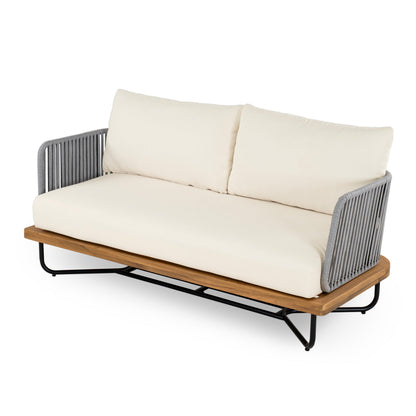 Lucca Outdoor 8 Seaters Acacia Wood and Rope Woven Patio Conversation Set