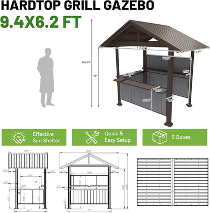 Hardtop Grill Gazebo with Storage Shelves & Resin Shade System - Brown