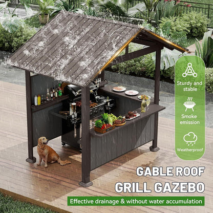 Hardtop Grill Gazebo with Storage Shelves & Resin Shade System - Brown