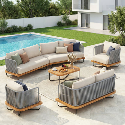 Lucca Outdoor 8 Seaters Acacia Wood and Rope Woven Patio Conversation Set