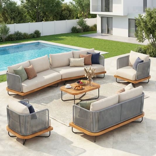 Lucca Outdoor 8 Seaters Acacia Wood and Rope Woven Patio Conversation Set