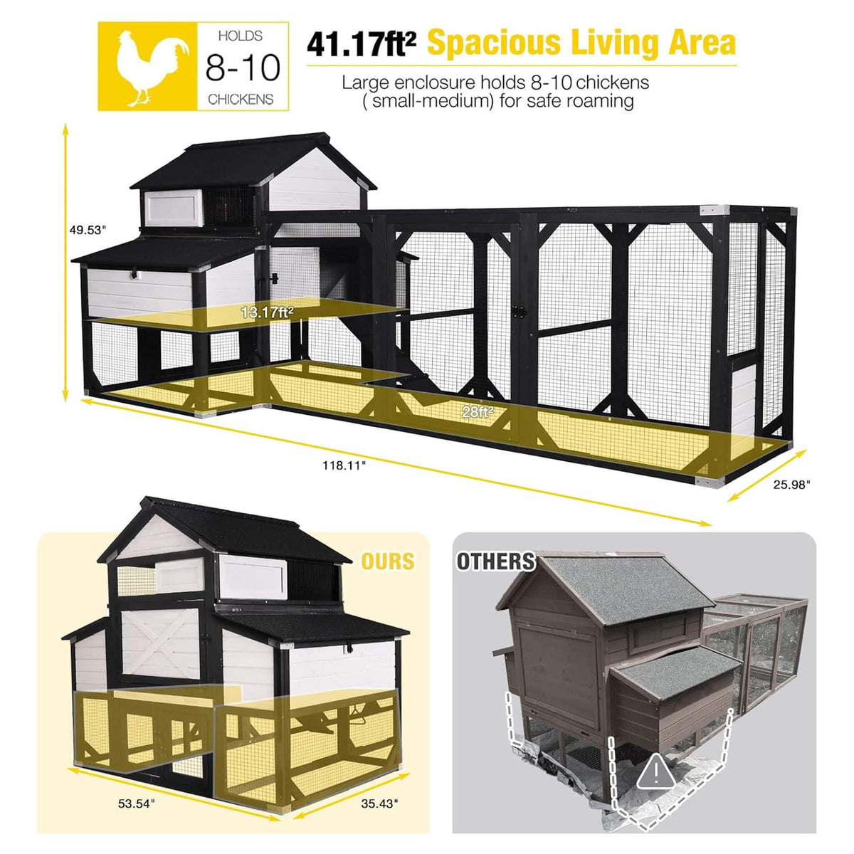 Large 118-Inch Outdoor Wooden Chicken Coop With Extended Run And 6 Nesting Boxes [8-10 Chickens] (SAK63940)