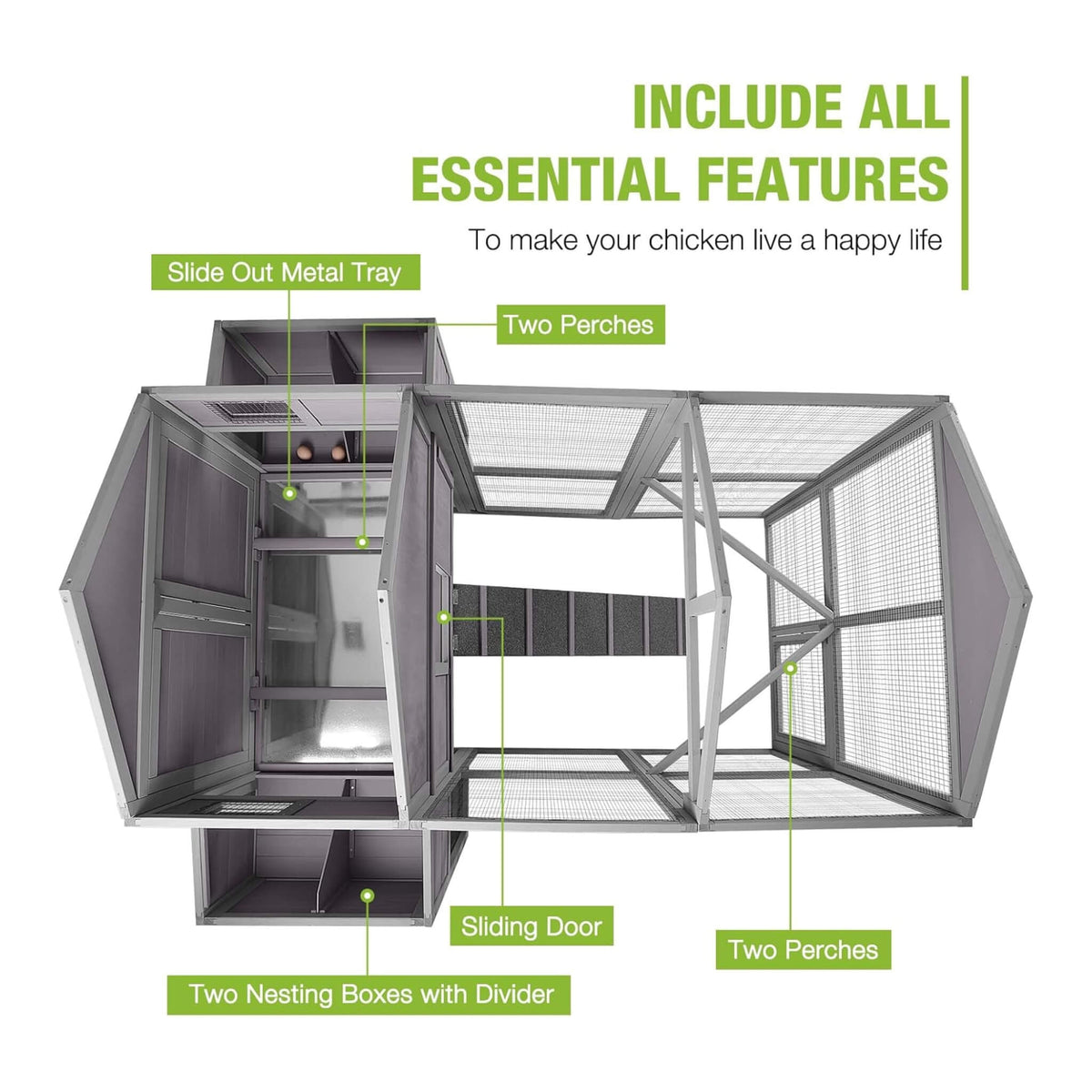 Large 76-Inch Outdoor Chicken Hen House With Sleeping Area And Run [6-10 Chickens] (SAK56431)