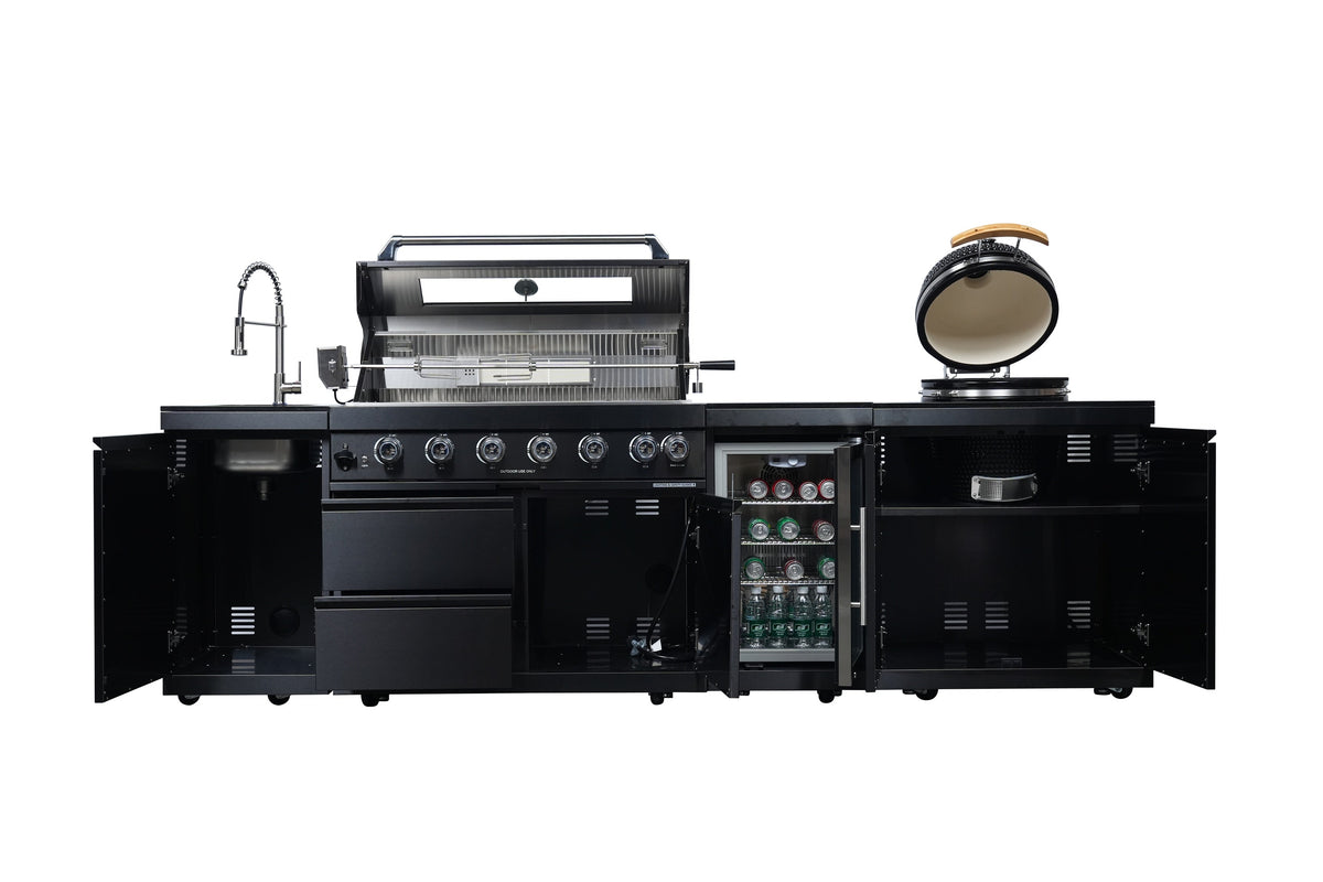 115-Inch Stainless Steel Outdoor Kitchen Barbecue Island Grill with Granite Countertops - Black