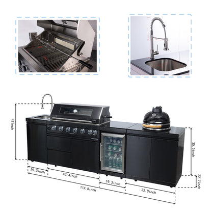 115-Inch Stainless Steel Outdoor Kitchen Barbecue Island Grill with Granite Countertops - Black