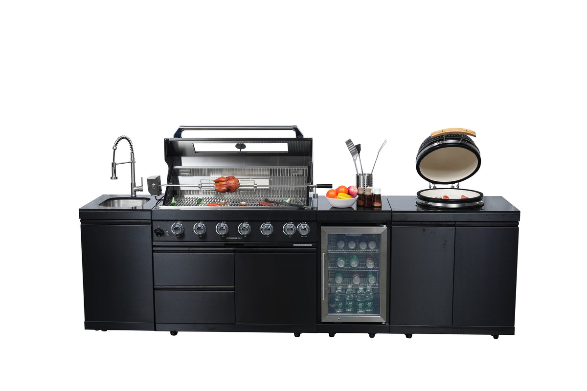 115-Inch Stainless Steel Outdoor Kitchen Barbecue Island Grill with Granite Countertops - Black