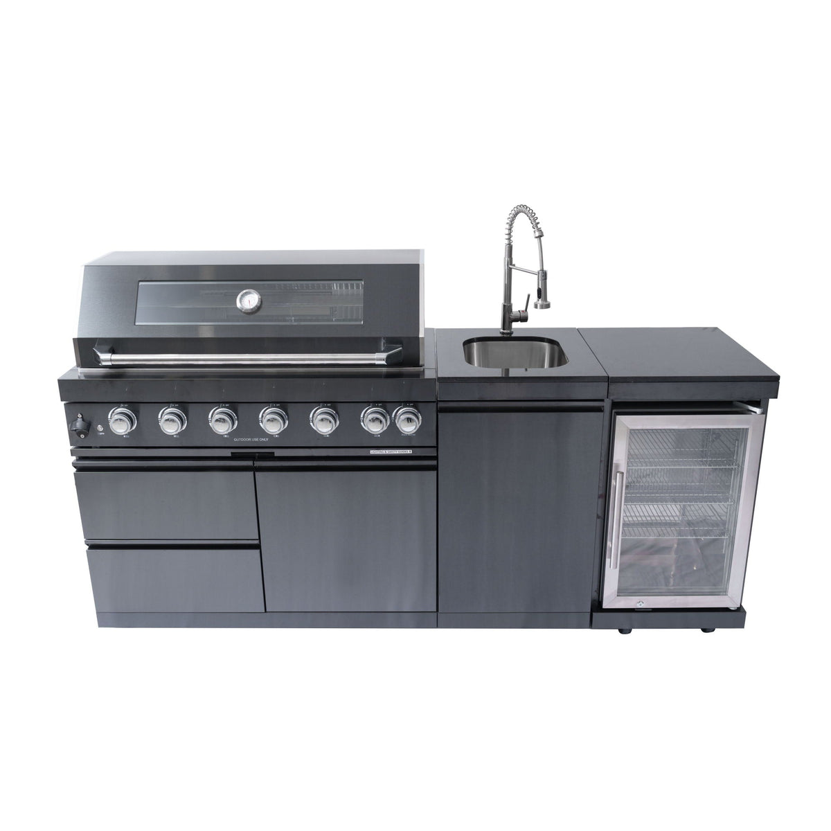 6 Burner Outdoor Kitchen Island Grill with Wine Cooler and Rotisserie Kit - Black