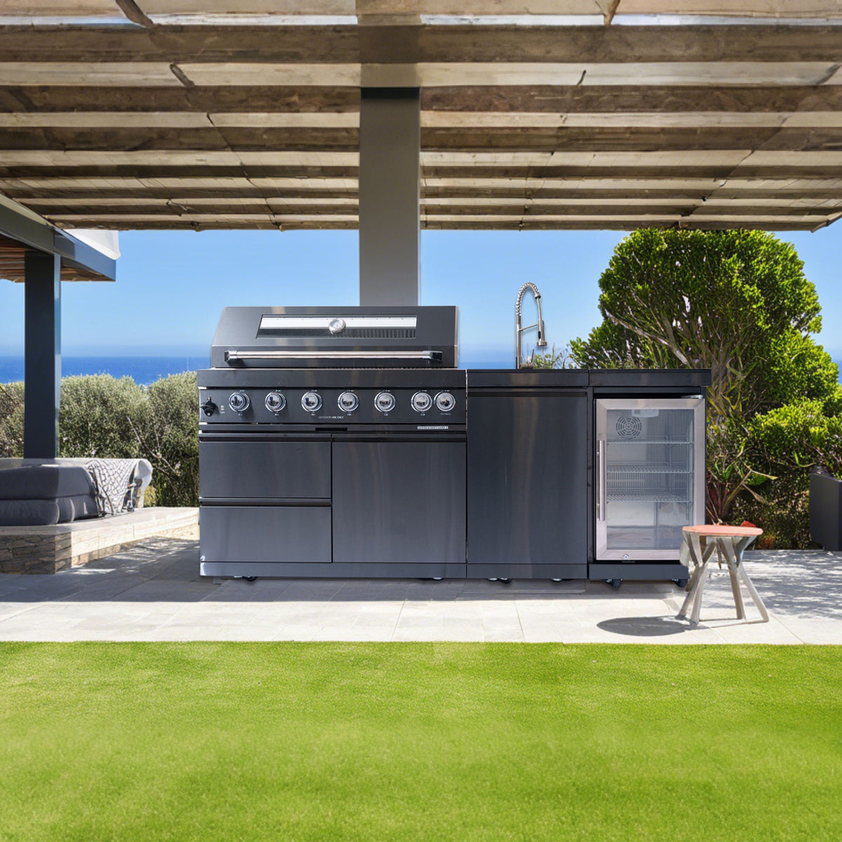 6 Burner Outdoor Kitchen Island Grill with Wine Cooler and Rotisserie Kit - Black