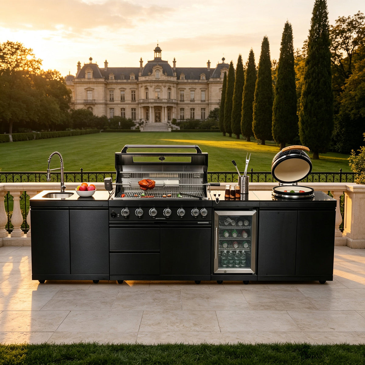 Black Stainless Steel Outdoor Kitchen Grill Island with Kamado & Refrigerator - Black