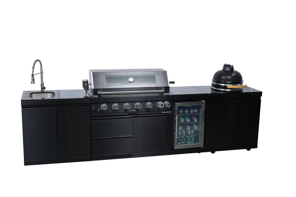 Black Stainless Steel Outdoor Kitchen Grill Island with Kamado & Refrigerator - Black