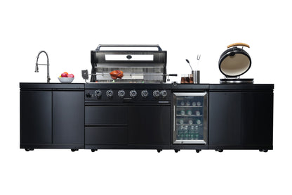 Black Stainless Steel Outdoor Kitchen Grill Island with Kamado & Refrigerator - Black